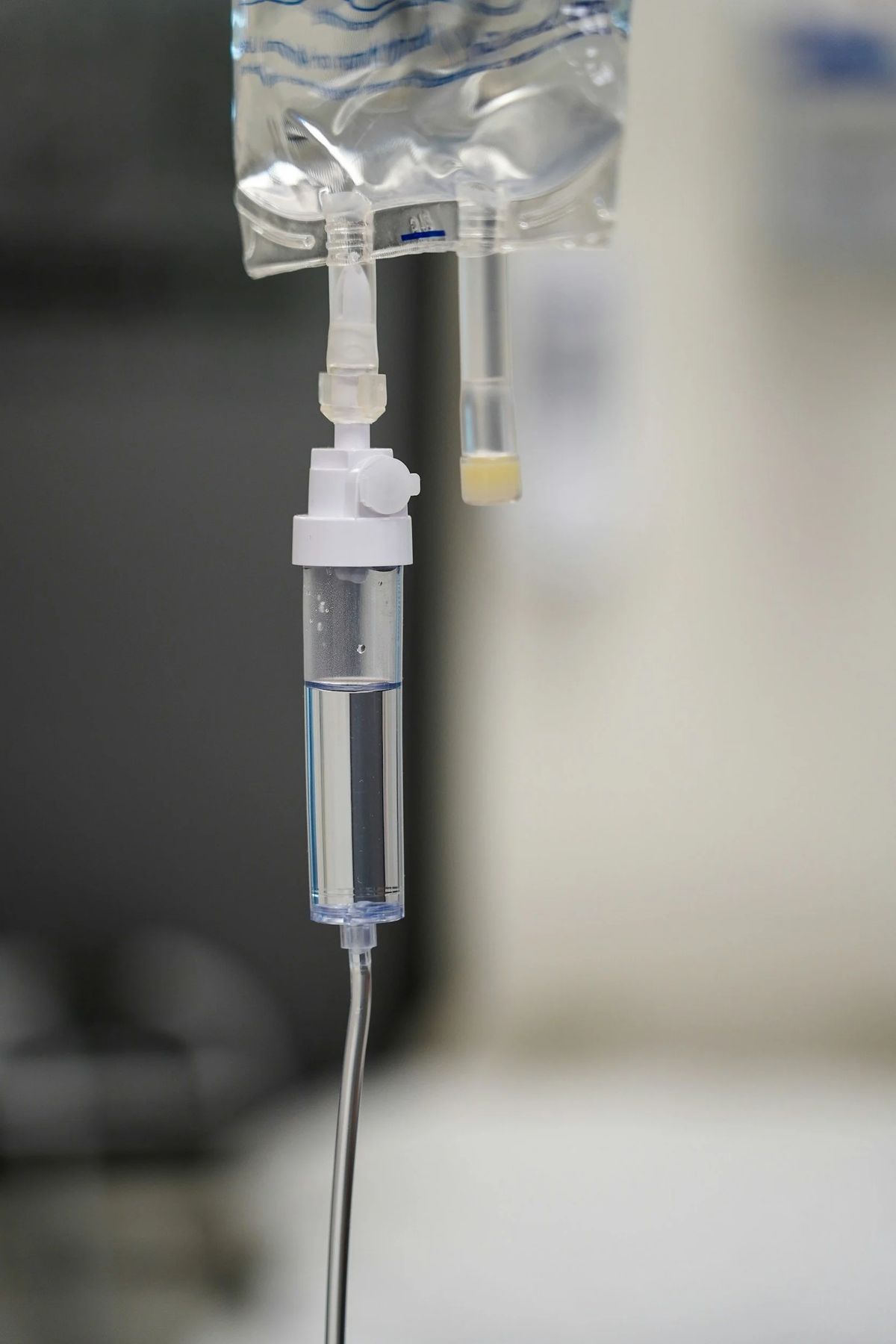 An IV bag and line set up and running